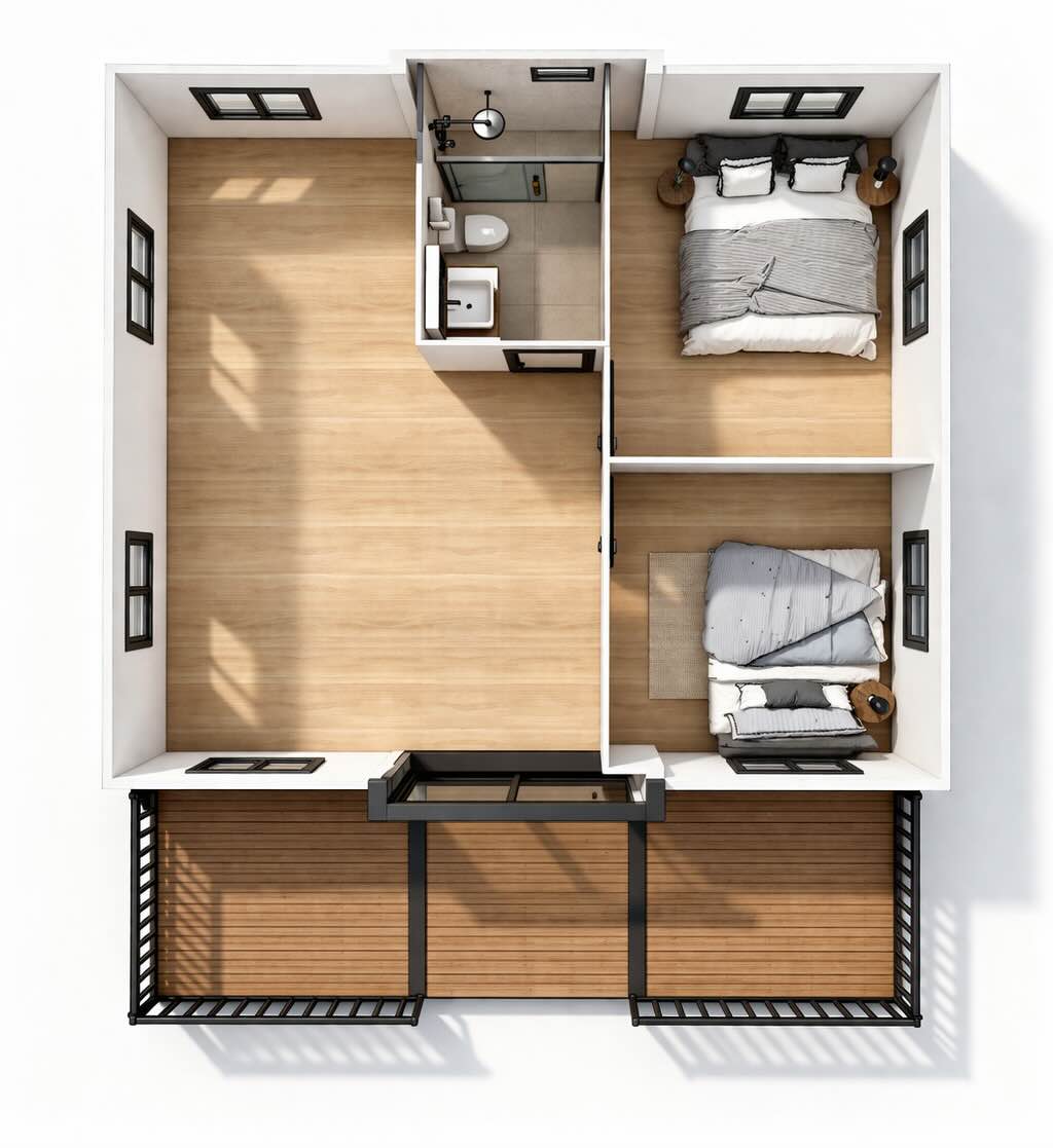 Ejemplo de plano de una casa de 20 pies con terraza